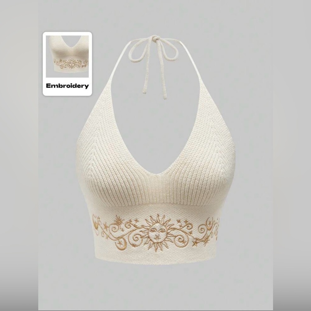 Embroidered Halter Knit Top
